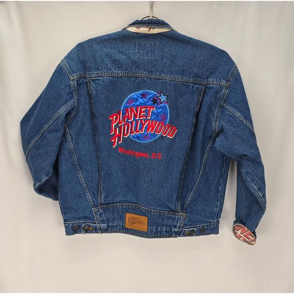 Unisex Vintage 90s Planet Hollywood Blue Jean Denim Jacket SZ MED Washington, DC - Picture 4 of 14